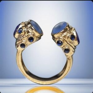 Chunky Etruscan 18k Gold Plated Blue Chalcedony Sapphire Crystal Ring